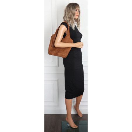 Torebka damska shopper worek zamsz elegancka lekka modna torba 1789 Brązowa