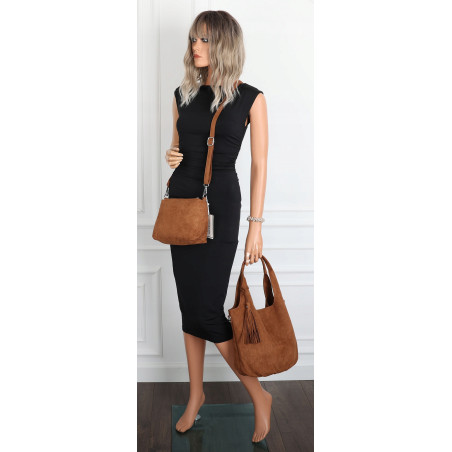 Torebka damska shopper worek zamsz elegancka lekka modna torba 1789 Brązowa