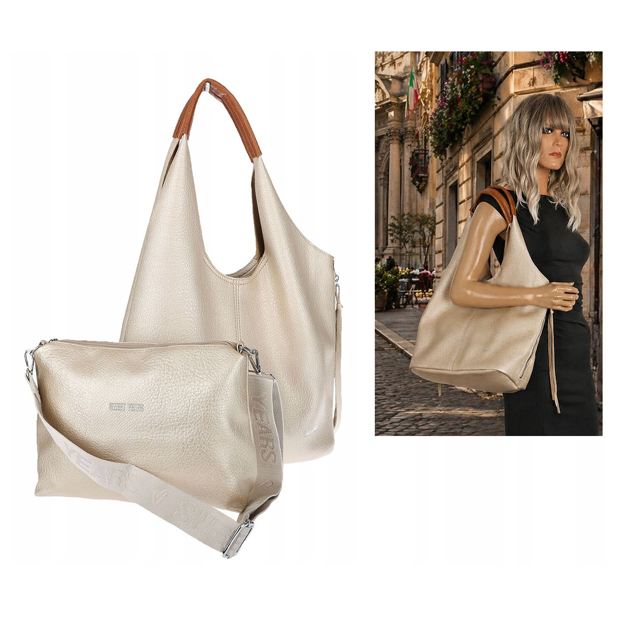 Torebka damska shopper worek listonoszka 2w1 lekka torba WSY26812 Złota