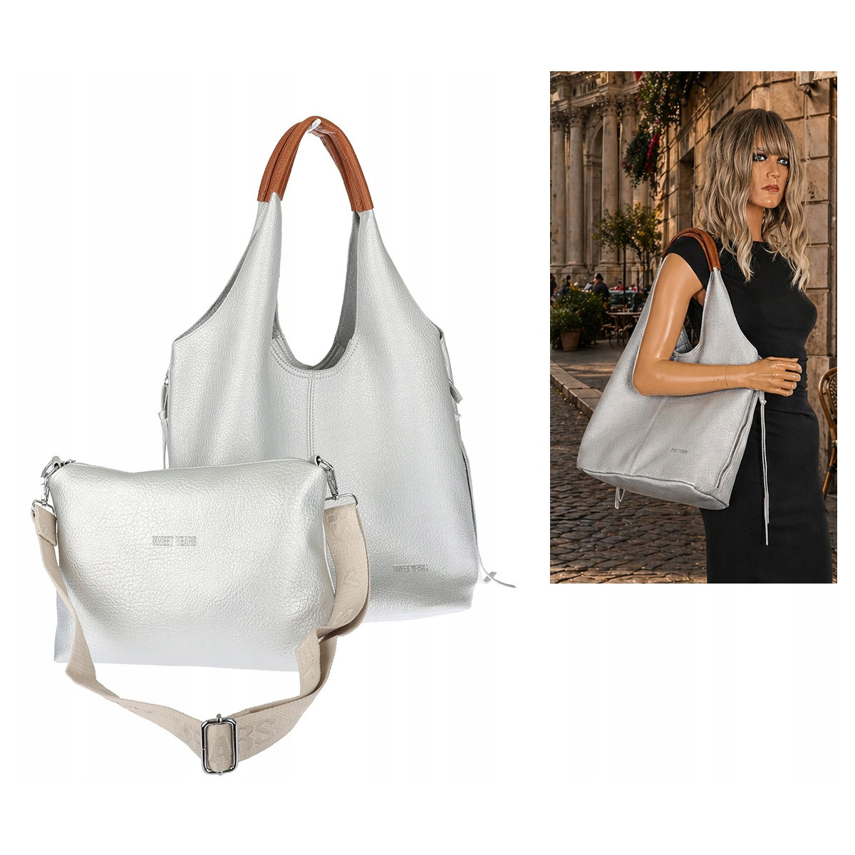 Torebka damska shopper worek listonoszka 2w1 lekka torba WSY26812 Srebrna
