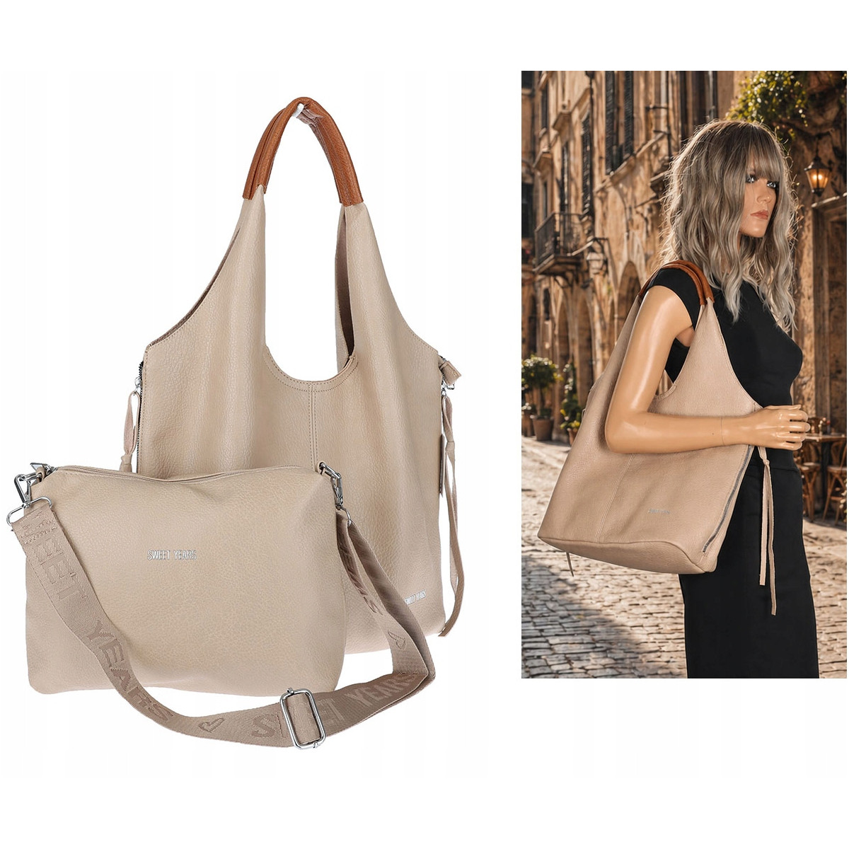 Torebka damska shopper worek listonoszka 2w1 lekka torba WSY26812 Beżowa