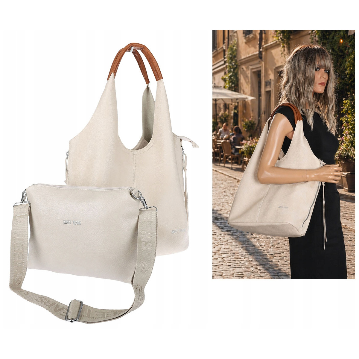 Torebka damska shopper worek listonoszka 2w1 lekka torba WSY26812 Beżowa
