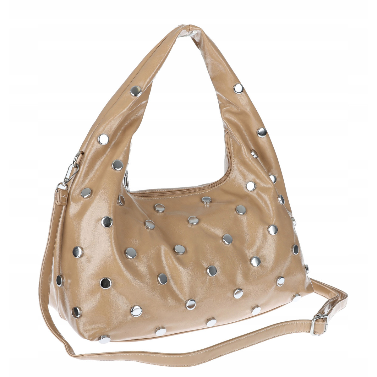 Torebka damska worek listonoszka shopper z ćwiekami modna C90560 Beżowa