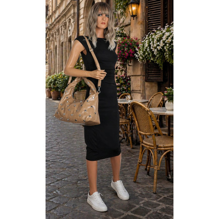 Torebka damska worek listonoszka shopper z ćwiekami modna C90560 Beżowa