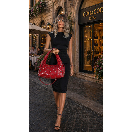 Torebka damska worek listonoszka shopper z ćwiekami modna C90560 Czerwona