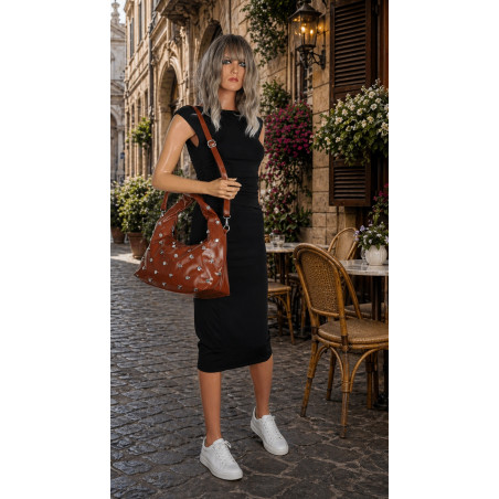 Torebka damska worek listonoszka shopper z ćwiekami modna C90560 Brązowa