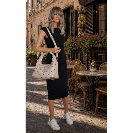 Torebka damska worek listonoszka shopper z ćwiekami modna C90560 Beżowa