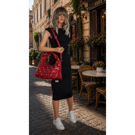 Torebka damska worek listonoszka shopper z ćwiekami modna C90560 Czerwona