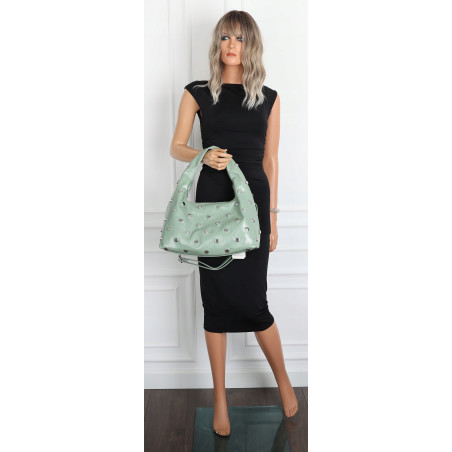 Torebka damska worek listonoszka shopper z ćwiekami modna C90560 Zielona