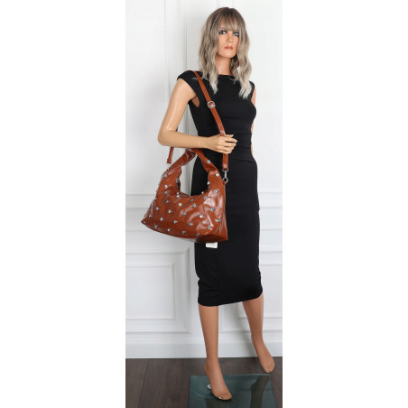 Torebka damska worek listonoszka shopper z ćwiekami modna C90560 Brązowa