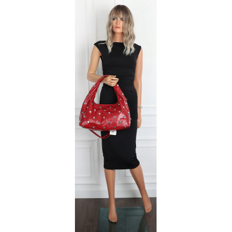 Torebka damska worek listonoszka shopper z ćwiekami modna C90560 Czerwona