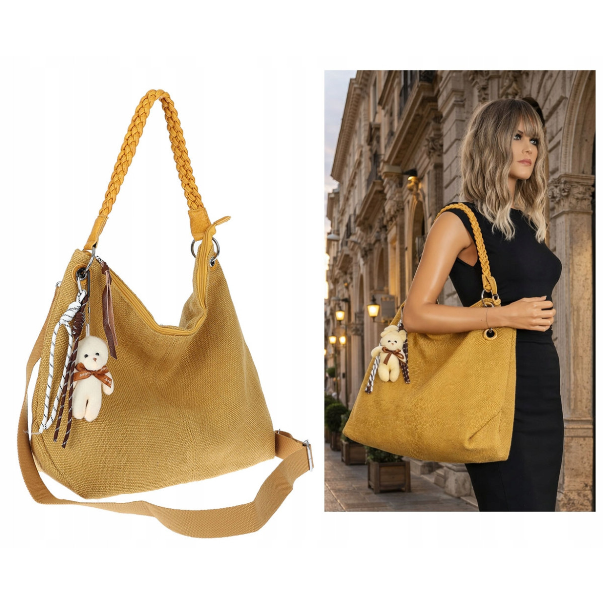 Torebka Damska Worek Shopper Torba na Ramię modna duża pajemna MA352 Żółta