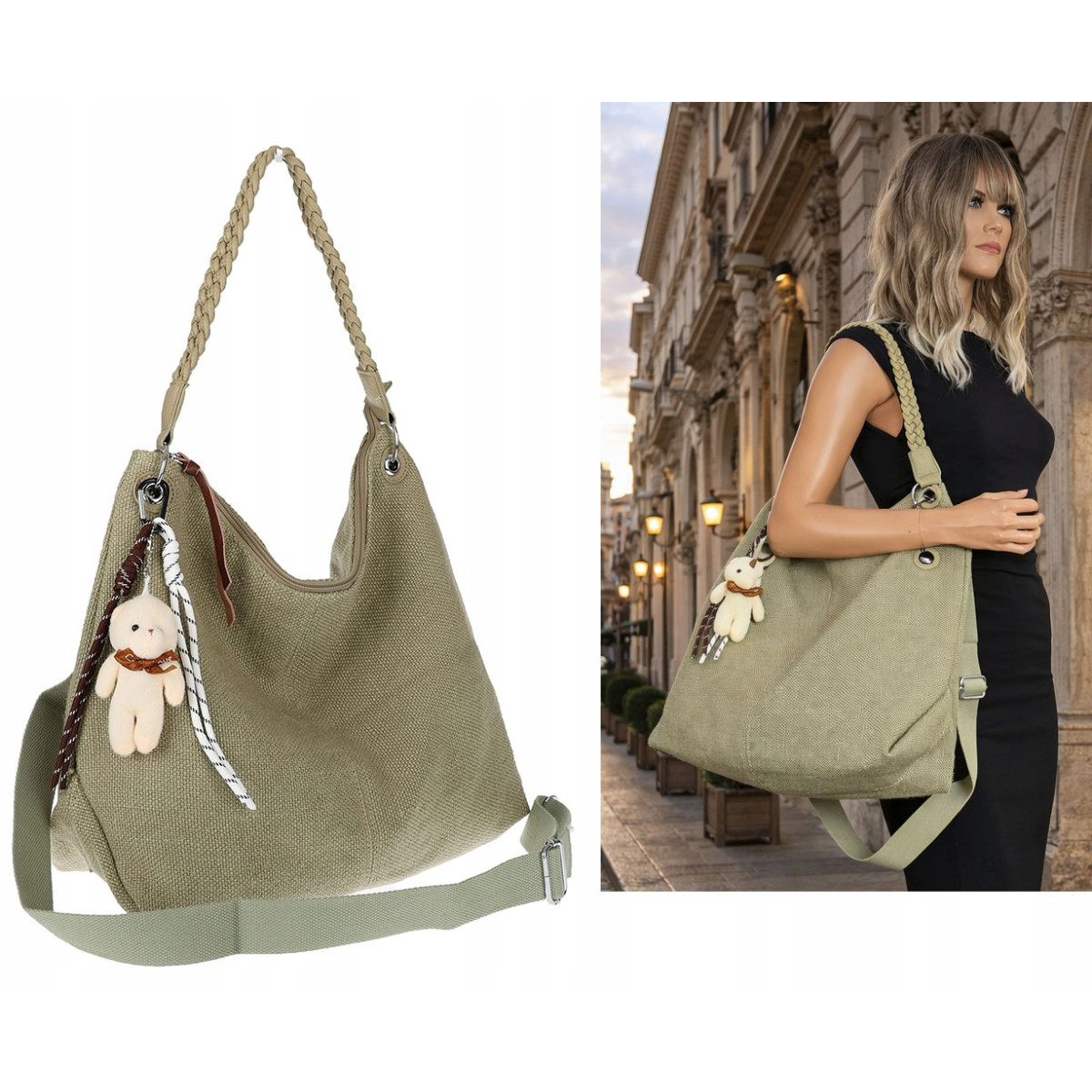Torebka Damska Worek Shopper Torba na Ramię duża pajemna MA352 Zielona