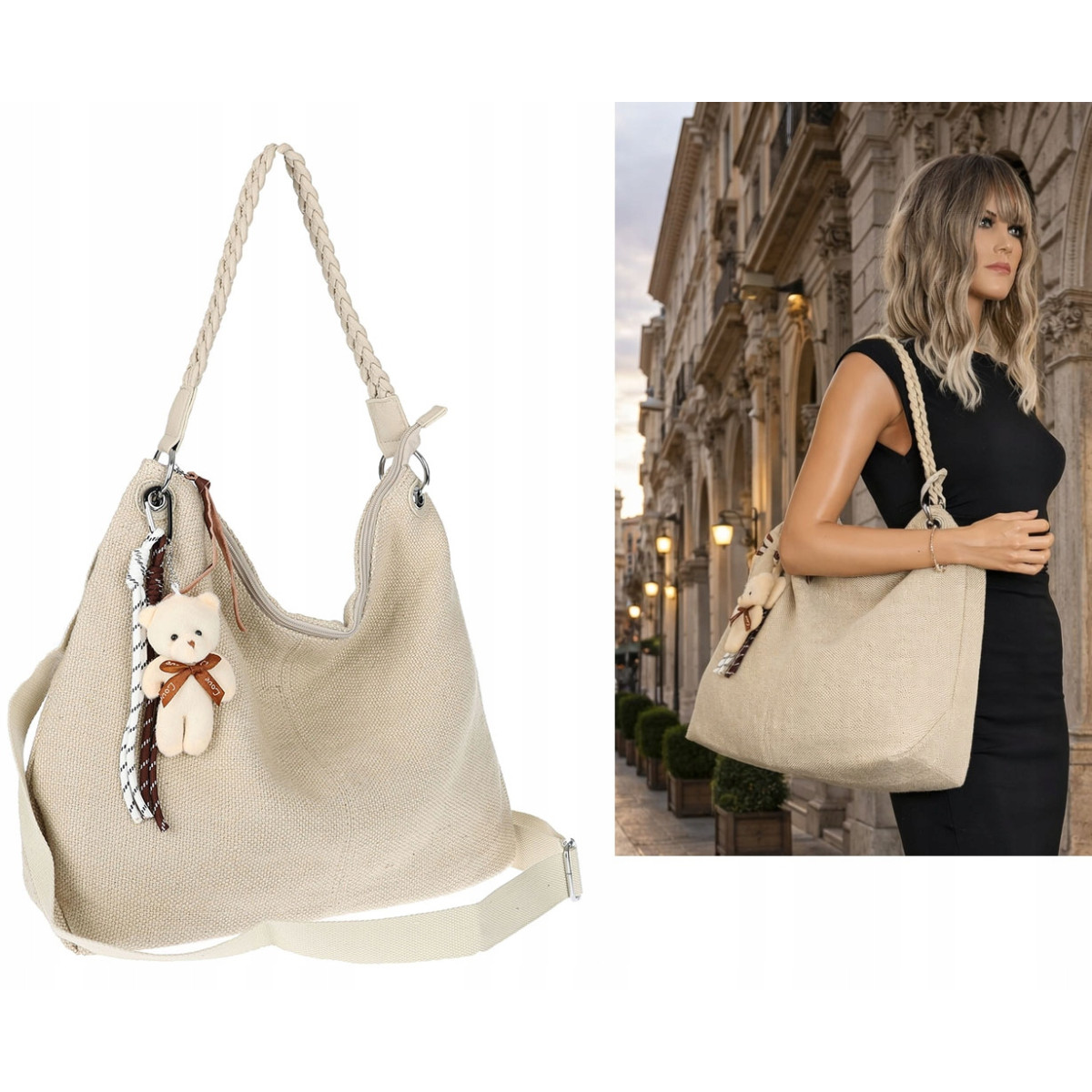 Torebka Damska Worek Shopper Torba na Ramię duża modna pajemna MA352 Beżowa