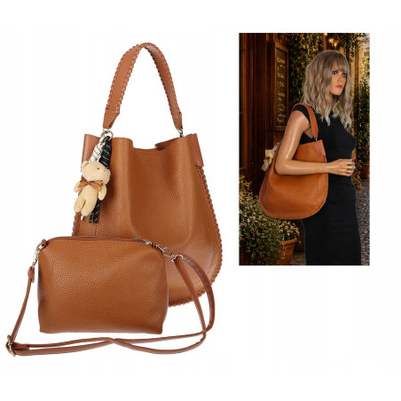 Torebka damska shopper 2w1 worek elegancka modna listonoszka HZN502 Brązowa