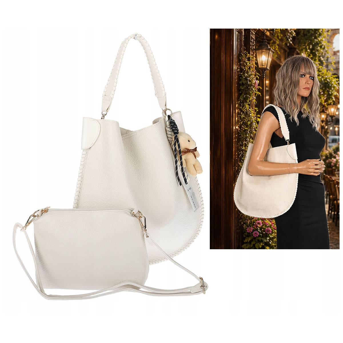 Torebka damska shopper 2w1 worek elegancka modna listonoszka HZN502 Beżowa