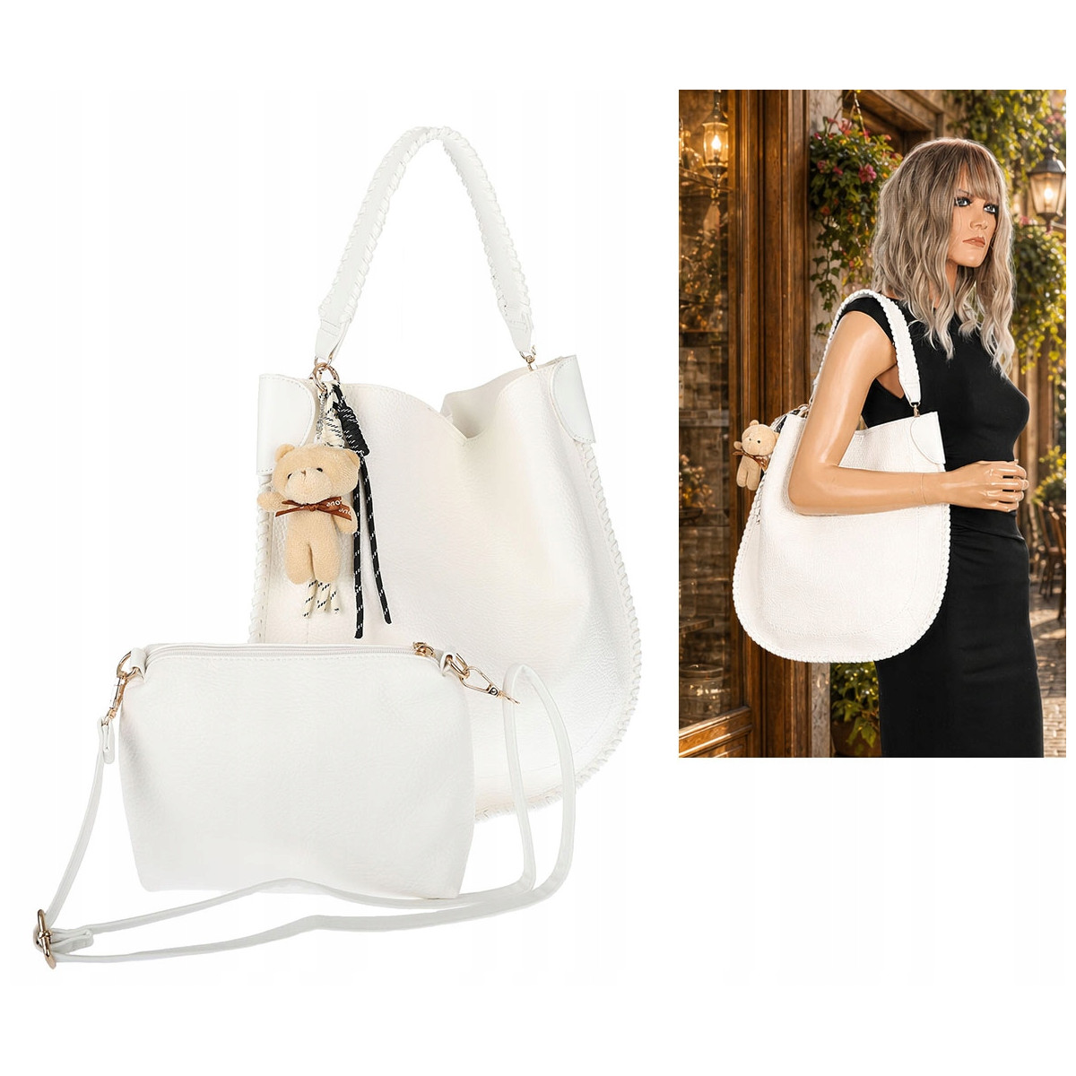 Torebka damska shopper 2w1 worek elegancka modna listonoszka HZN502 Biała