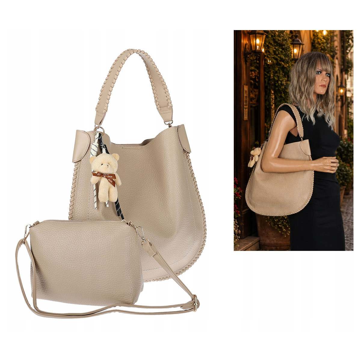 Torebka damska shopper 2w1 worek elegancka modna listonoszka HZN502 Beżowa