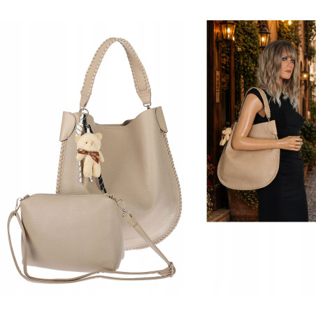 Torebka damska shopper 2w1 worek elegancka modna listonoszka HZN502 Beżowa
