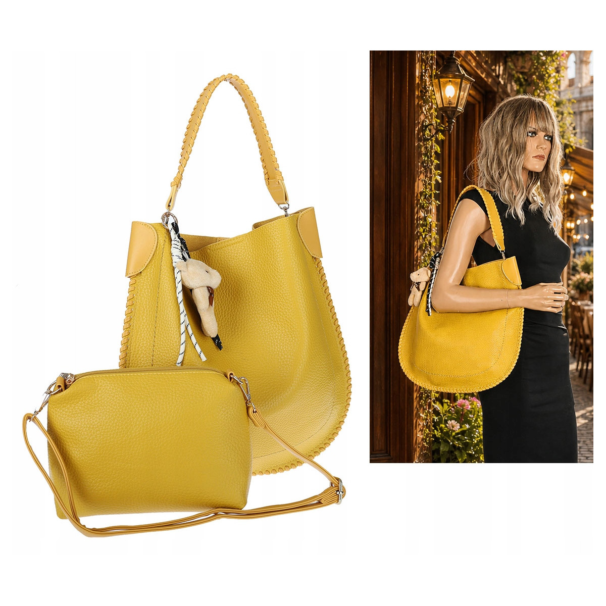 Torebka damska shopper 2w1 worek elegancka modna listonoszka HZN502 Żółta