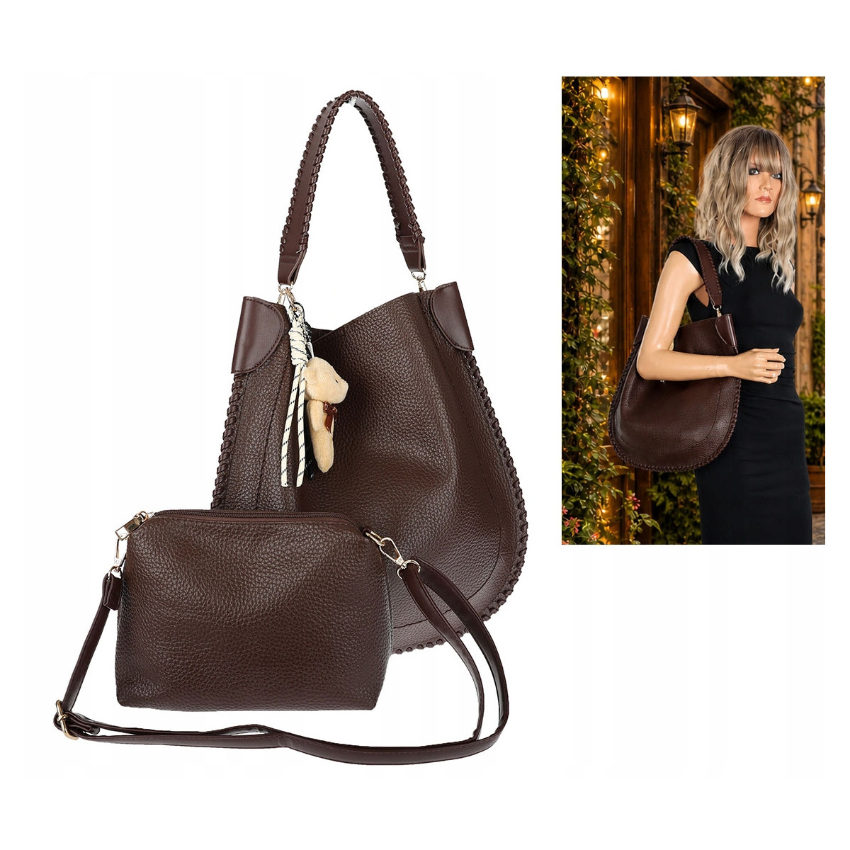 Torebka damska shopper 2w1 worek elegancka listonoszka HZN502 Czekoladowa