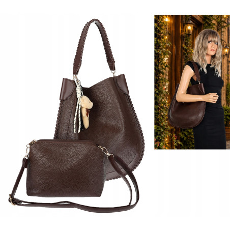 Torebka damska shopper 2w1 worek elegancka listonoszka HZN502 Czekoladowa