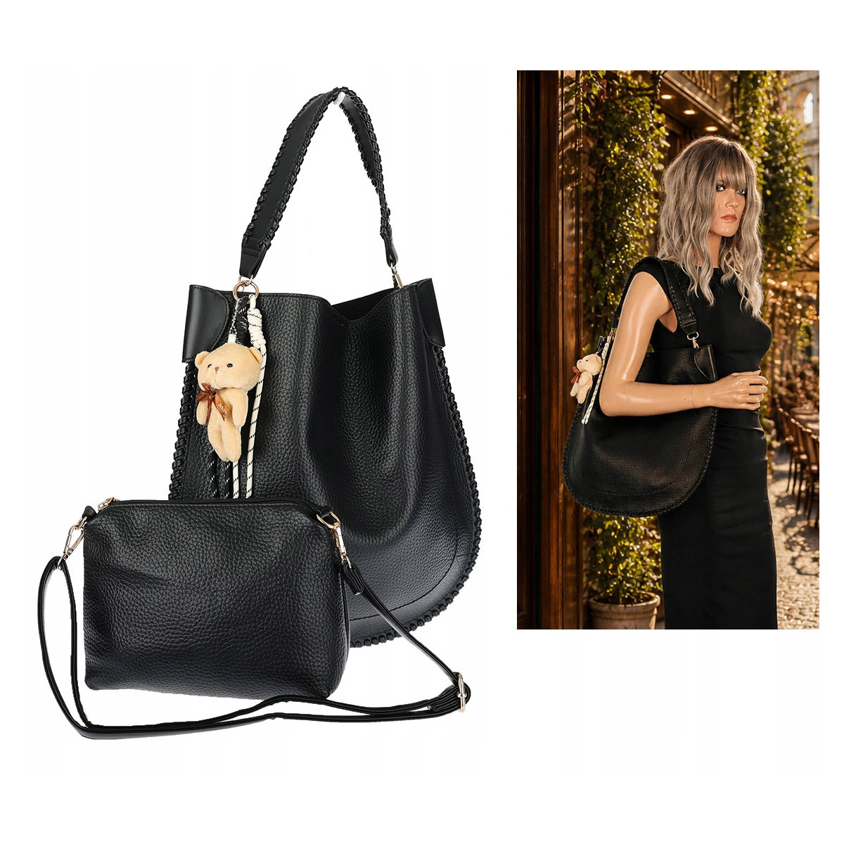 Torebka damska shopper 2w1 worek elegancka modna listonoszka HZN502 Czarna