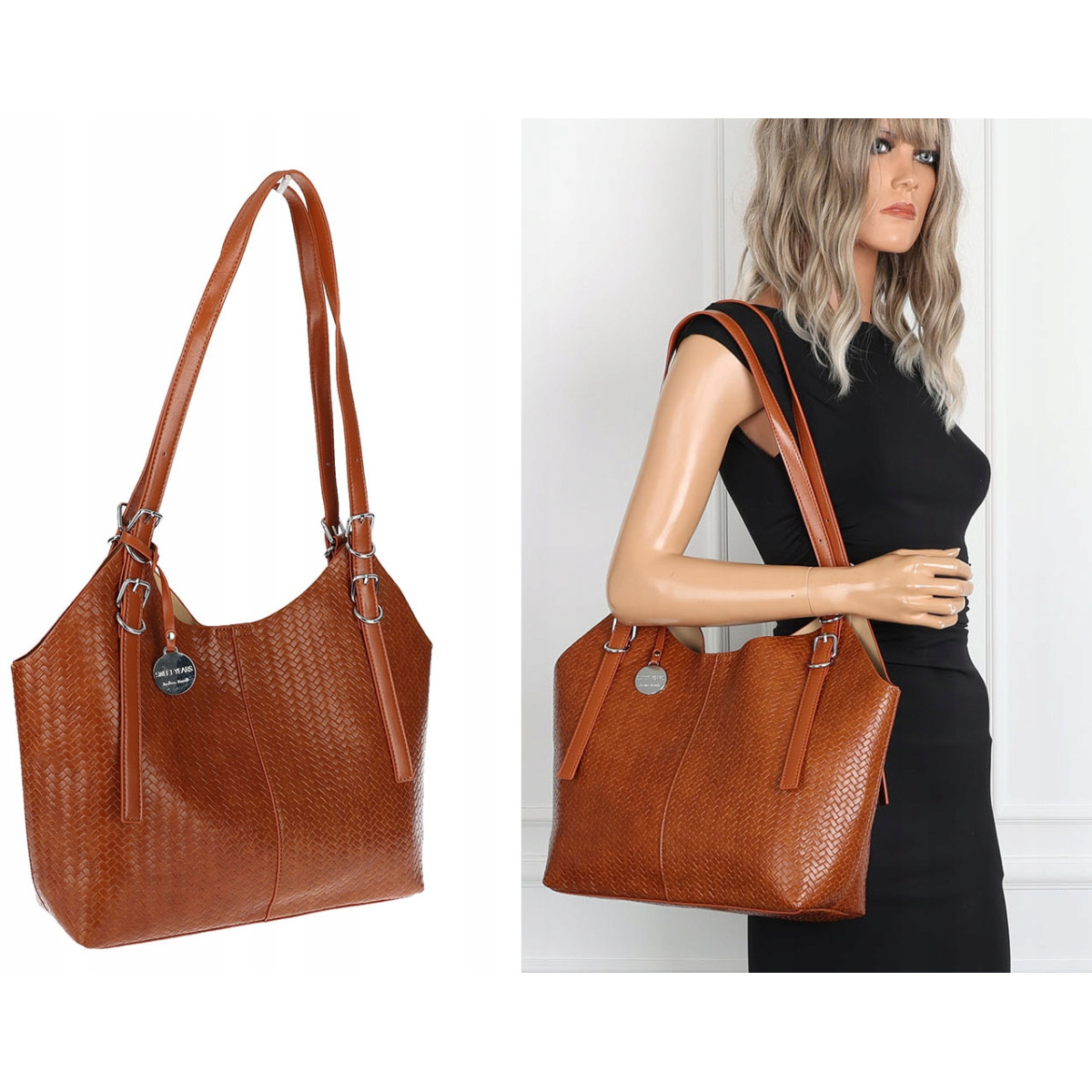 Torebka Damska Worek pleciona Shopper Modna torba na Ramię NSY2963 Brązowa