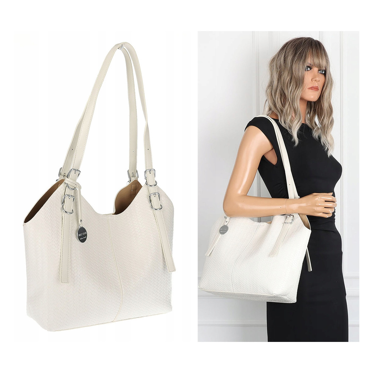 Torebka Damska Worek pleciona Shopper Modna torba na Ramię NSY2963 Biała