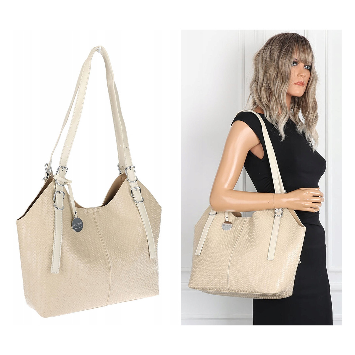 Torebka Damska Worek pleciona Shopper Modna torba na Ramię NSY2963 Beżowa