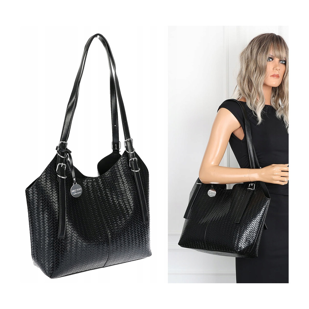 Torebka Damska Worek pleciona Shopper Modna torba na Ramię NSY2963 Czarna