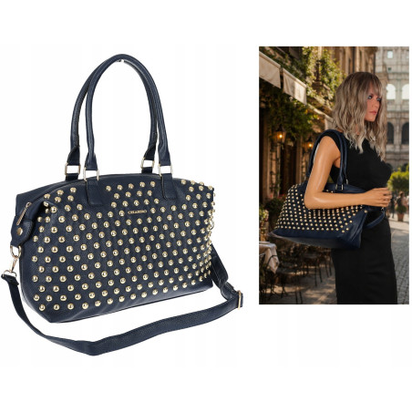 Torebka damska kuferek listonoszka shopper z ćwiekami modna CH25 Granatowa