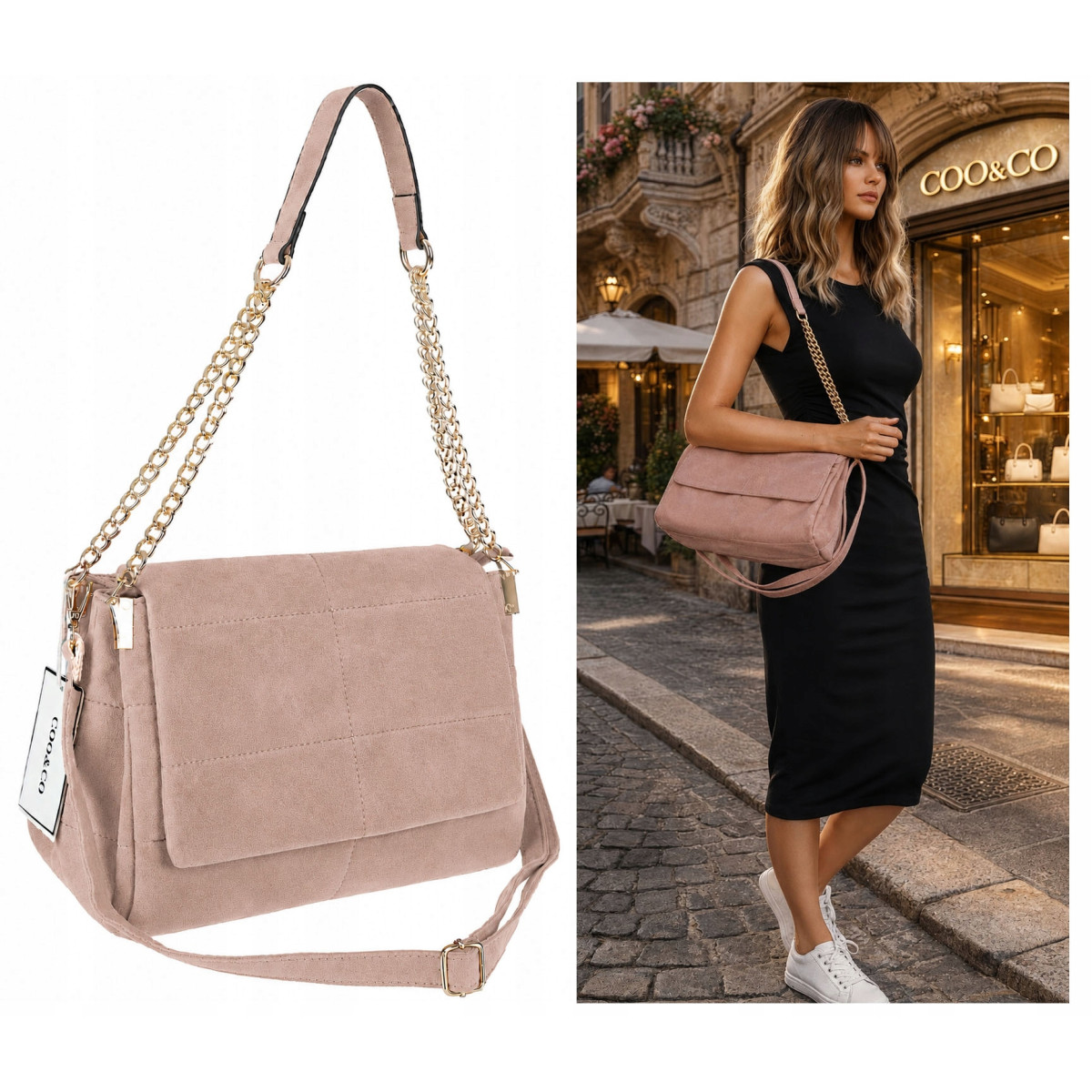 Torebka damska zamszowa pikowana shopper modna listonoszka 601276 Różowa