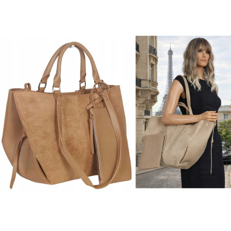 Torebka damska shopper duża zamszowa na ramię elegancka torba R967 Beżowa
