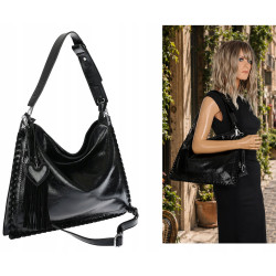 Torebka damska worek shopper na ramię frędzle duża modna boho MC687 Czarna