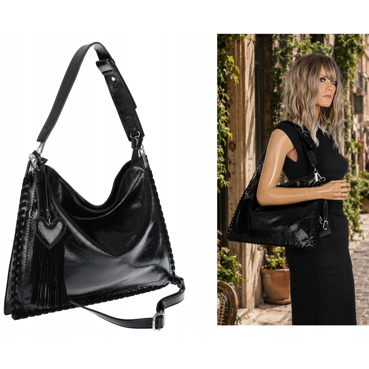 Torebka damska worek shopper na ramię frędzle duża modna boho MC687 Czarna