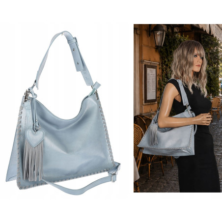 Torebka damska worek shopper na ramię frędzle duża boho MC687 Niebieska