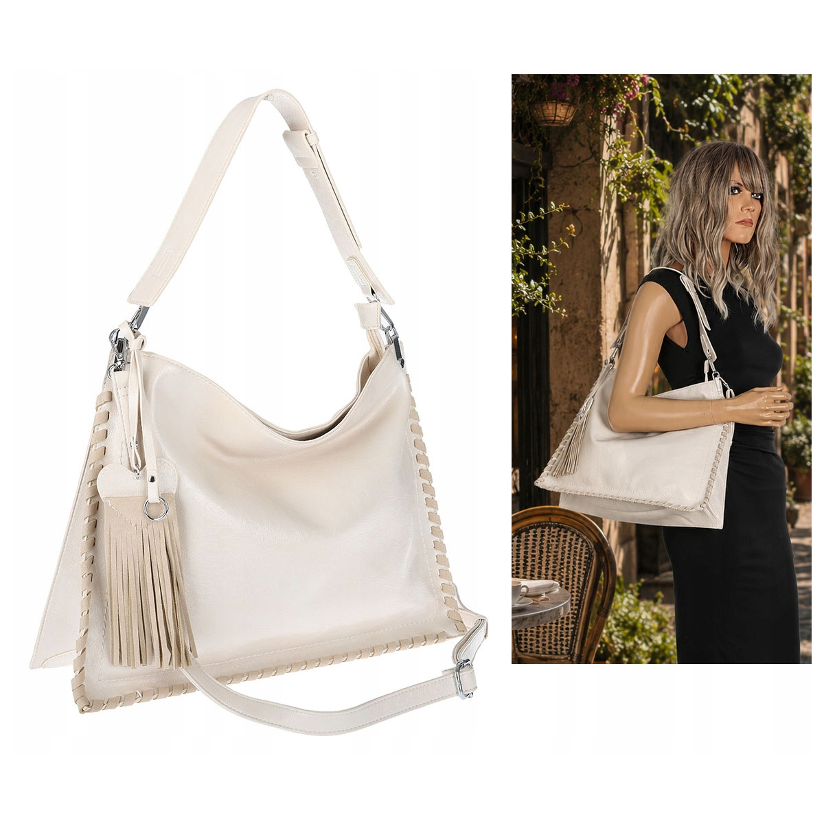Torebka damska worek shopper na ramię frędzle duża modna boho MC687 Beżowa