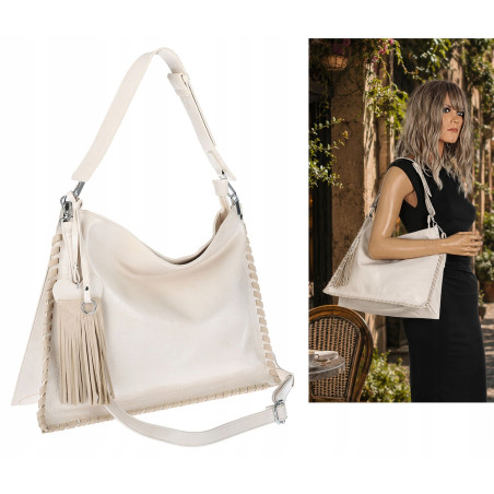 Torebka damska worek shopper na ramię frędzle duża modna boho MC687 Beżowa