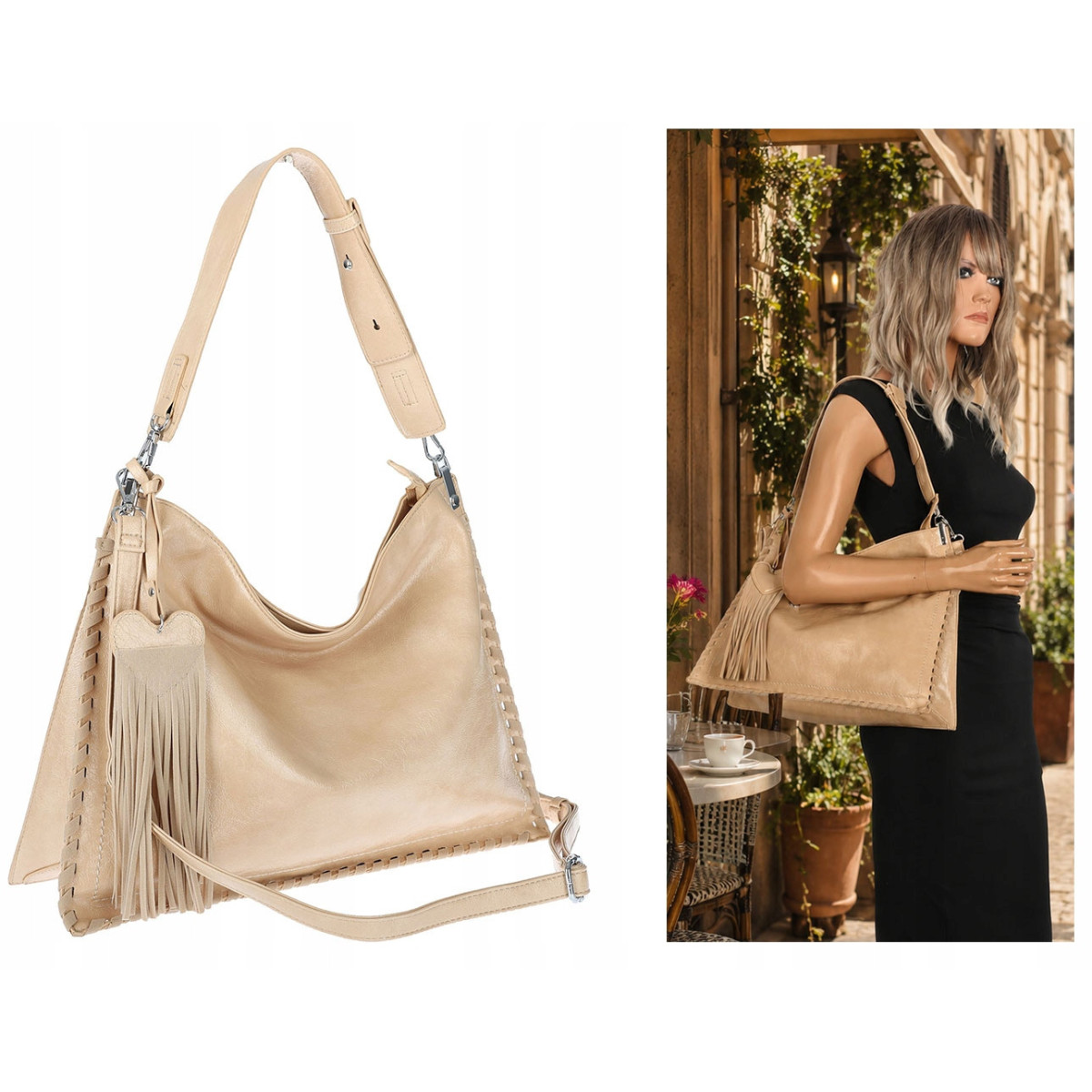 Torebka damska worek shopper na ramię frędzle duża modna boho MC687 Beżowa