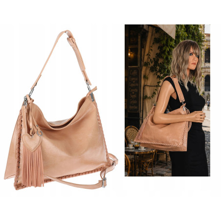 Torebka damska worek shopper na ramię frędzle duża modna boho MC687 Różowa