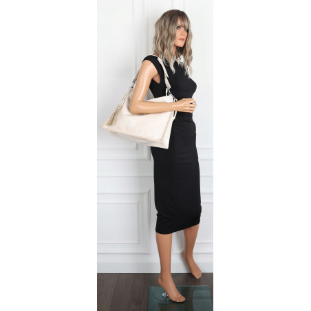 Torebka damska worek shopper na ramię frędzle duża modna boho MC687 Beżowa