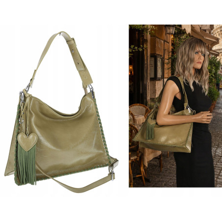 Torebka damska worek shopper na ramię frędzle duża modna boho MC687 Zielona