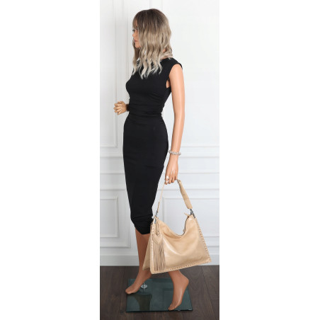 Torebka damska worek shopper na ramię frędzle duża modna boho MC687 Beżowa