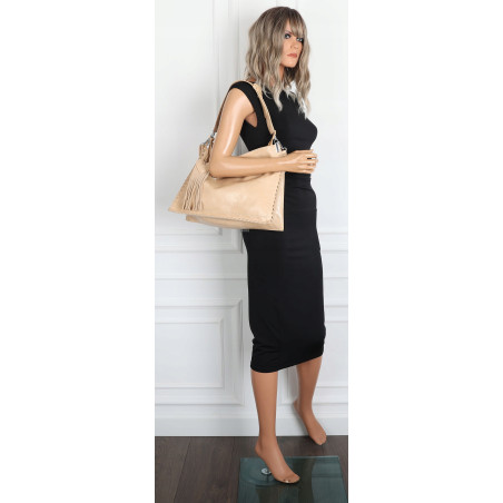 Torebka damska worek shopper na ramię frędzle duża modna boho MC687 Beżowa