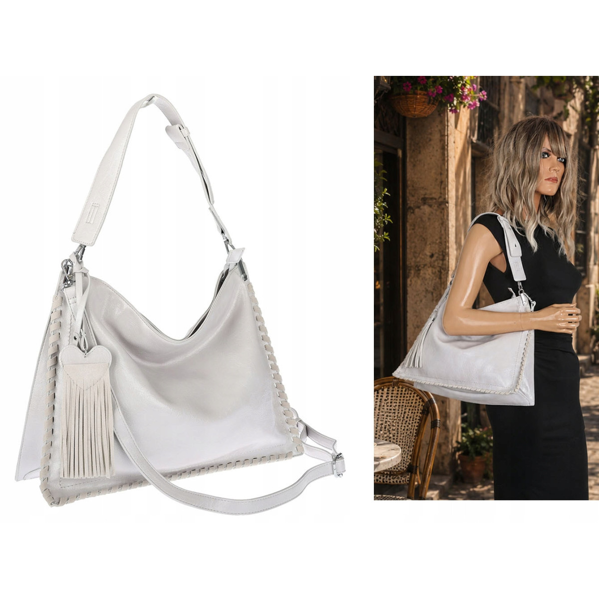 Torebka damska worek shopper na ramię frędzle duża modna boho MC687 Szara