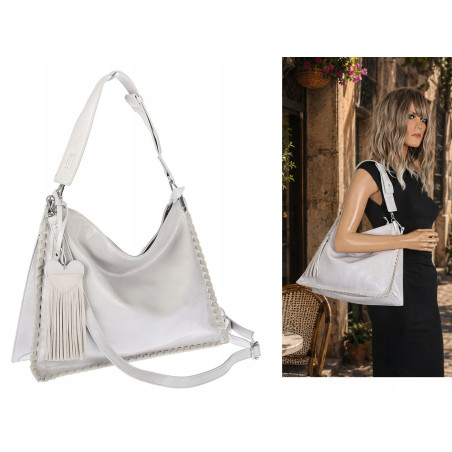 Torebka damska worek shopper na ramię frędzle duża modna boho MC687 Szara