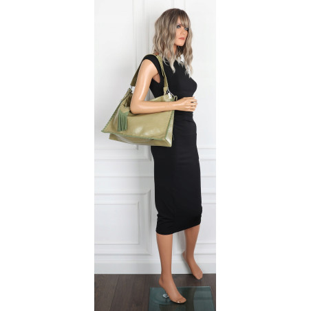 Torebka damska worek shopper na ramię frędzle duża modna boho MC687 Zielona