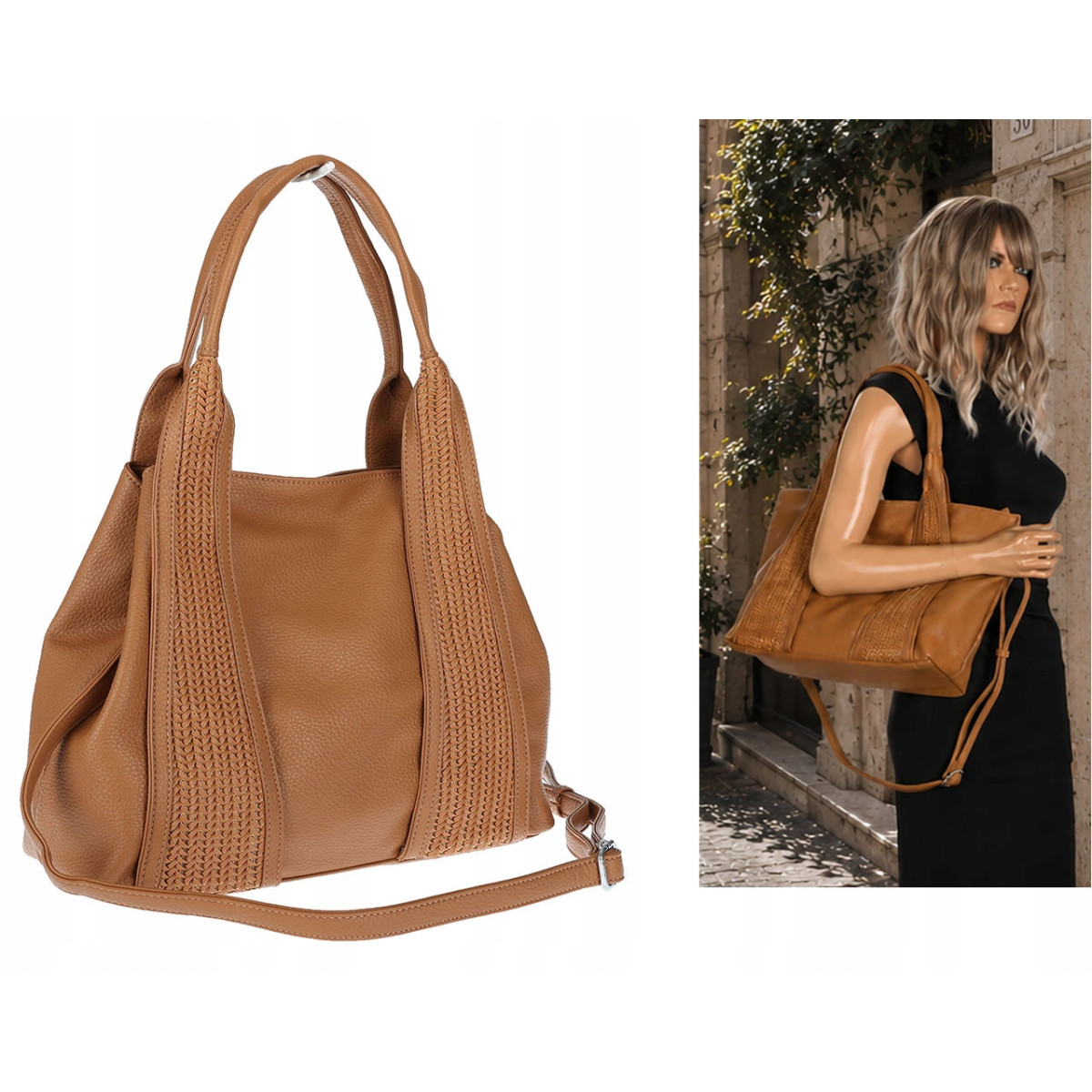 Torebka damska shopper worek na ramię pleciona duża modna MC631 Brązowa