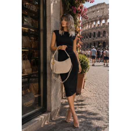 Torebka damska półksiężyc frędzle ćwieki na ramię elegancka CC3543 Beżowa